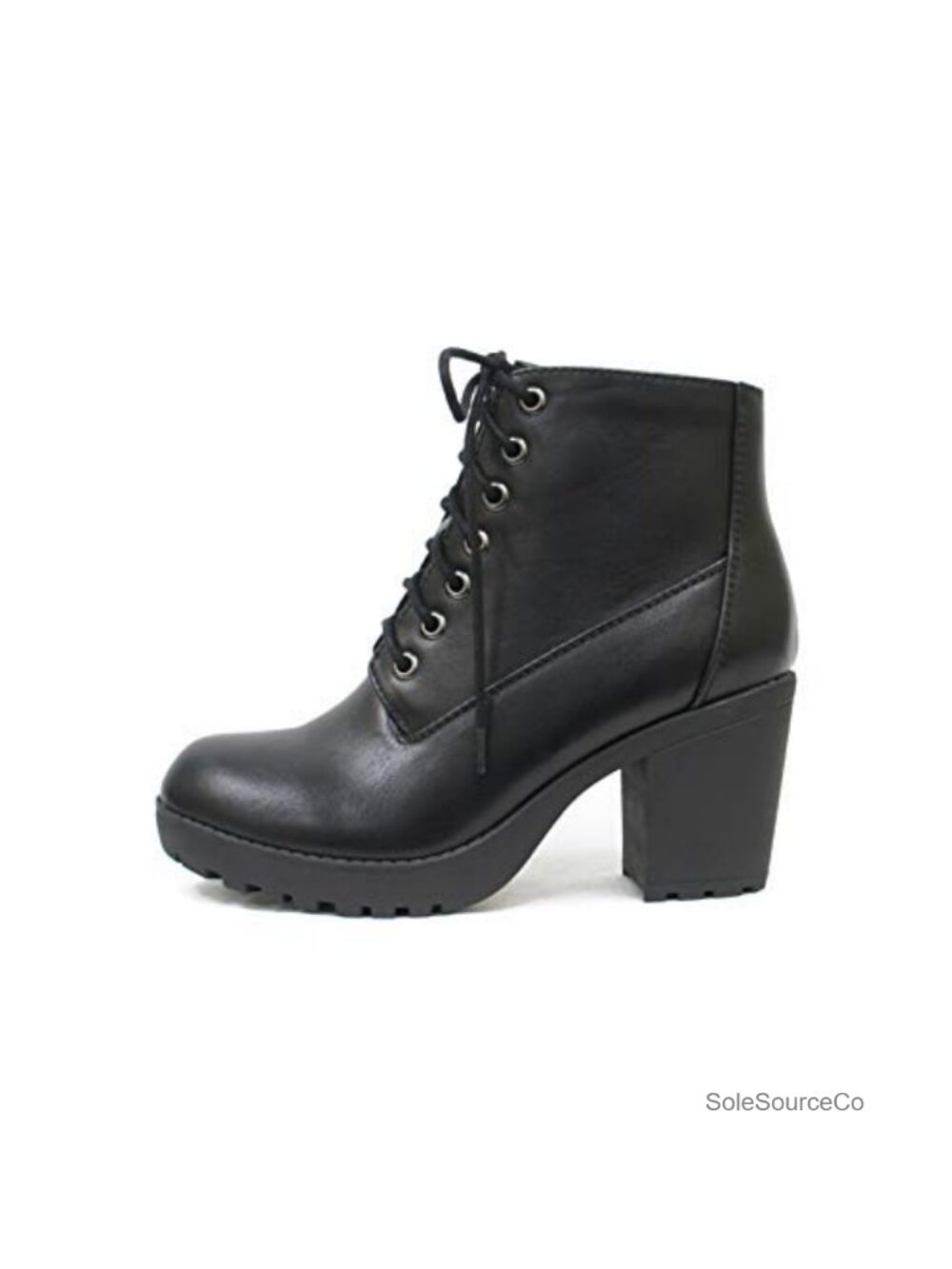 Soda Combat Ankle Bootie, Lug Sole Chunky Heel, Lace Up, Side Zipper, Black Pu